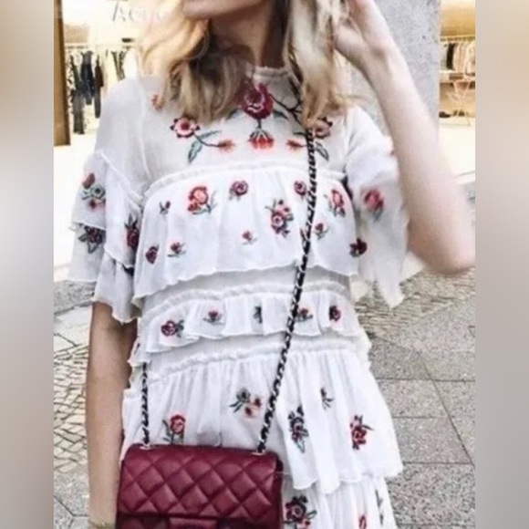 Zara White Ruffle Tiered Floral Embroidered Aztec Bloom Babydoll Dress Large - Picture 16 of 16